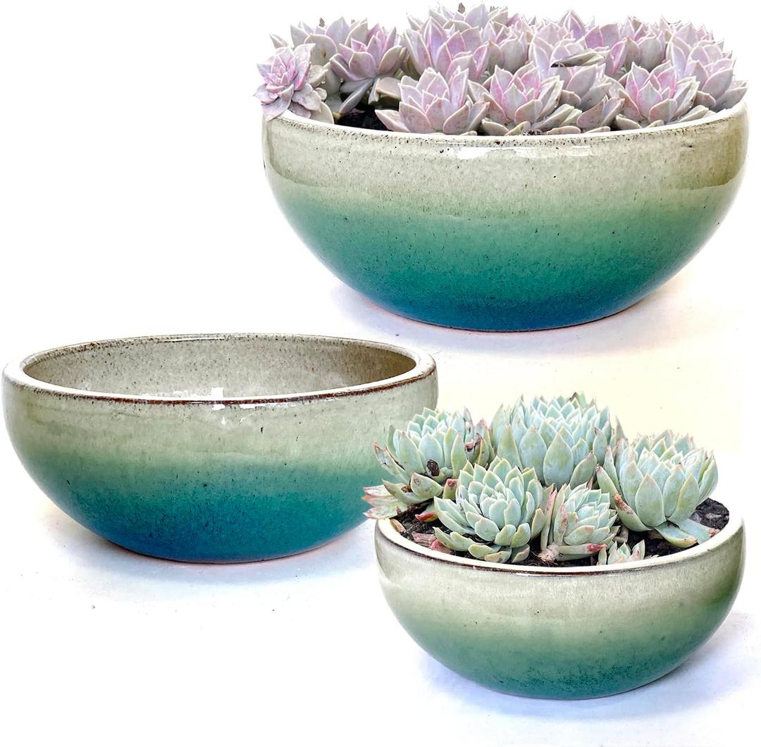 11 Inch 9 Inch 7 Inch Glazed Terracotta Plant Pot Round Ceramic Succulent Planter Pot with Drainage and Mesh Pads Cactus Clay Bonsai Pot Set of 3 (White and Green)