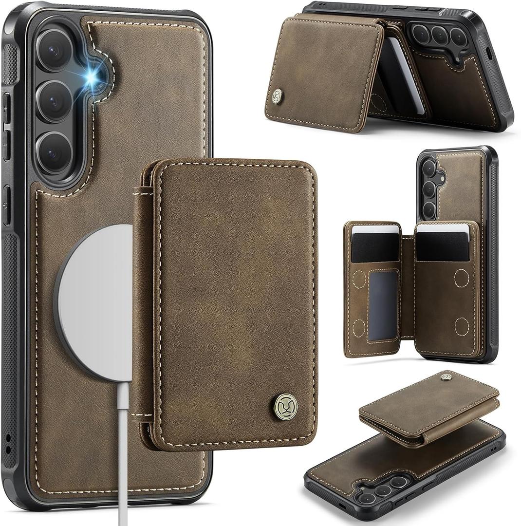 Compatible with Magsafe for Samsung Galaxy S25 Plus Wallet Case Magnetic Card Holder, RFID Blocking 2 in 1 Detachable Kickstand Shockproof Case for Women Men, Brown