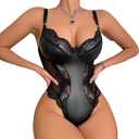 Lingerie for Women Sexy Leather Lace Bodysuit Push Up Snap Crotch Teddy One Piece Babydoll, Medium