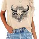 Retro Steer Skull Western T-Shirt Women Vintage Country Music Shirt Cute Cowgirl Graphic Cowboy Tees Tops (Beige, XL)