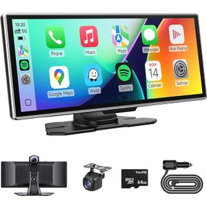 Wireless Carplay Screen for Car with 4K Dash Cam & 1080P Backup Camera, 11.26'' Portable Apple Carplay & Android Auto Touch Screen Car Stereo, GPS Navigation, Bluetooth, Siri, FM, Mirror Link