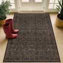 Boho Dark Brown 3x5 Large Entryway Rug - Moody Neutral Washable Low Pile Area Rugs Non-Slip for Mudroom, Door Mat Indoor Entrance, Kitchen, Laundry, Taupe Golden Accent Floral Floor Decor