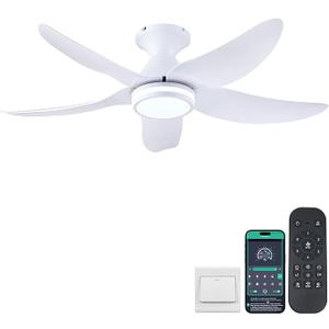 Kviflon 46" Ceiling Fans with Lights and Remote/APP Control, Modern 2 Downrods Ceiling Fans with 5 Reversible Blades, 3 CCT Dimmable+RGB Colors+Music Player for Party Kids Game Room, White