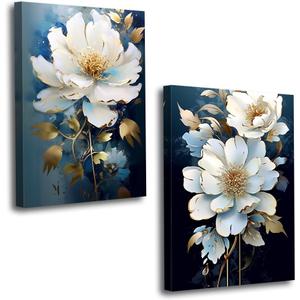 Flower Canvas Wall Art 2 Piece Navy Blue Gold and White Flower Picture Prints Floral Bloom Paintings for Bedroom Living Room Office Decor Framed(Flower,16.00" x 24.00" x 2PCS)