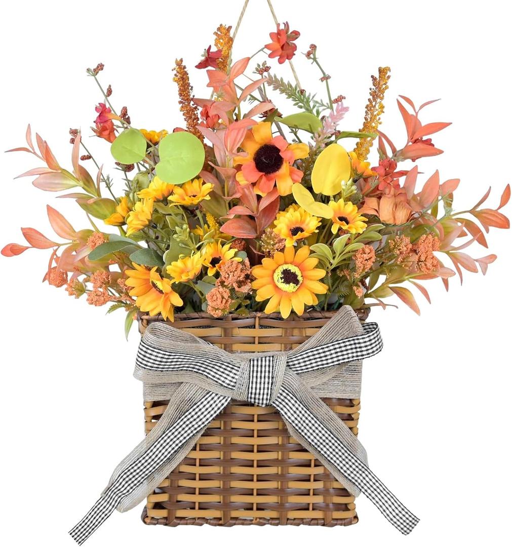 Thanksgiving Fall Door Hanger Basket Wreath Orange Sunflower Wreath, Artificial Autumn Sunflower Wreaths with Flower Mixed Leaves for Front Door Indoor Outdoor Decor Farmhouse Harvest Orange Wreaths