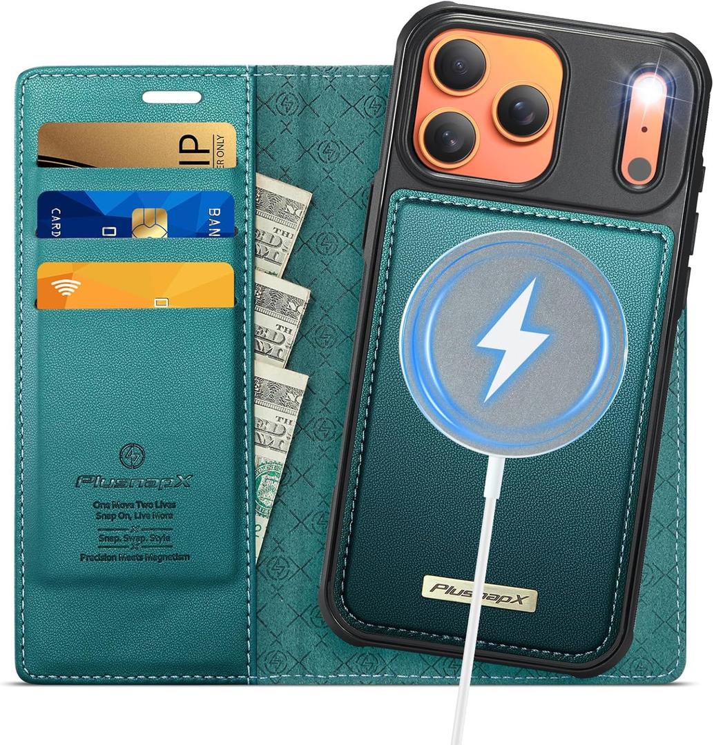 Wallet Case for iPhone 17 Pro Max Compatible with Magsafe, 2-in-1 PU Leather Flip RFID Blocking Card Holder Stand Shockproof Magnetic Detachable Cover for iPhone 17 Pro Max 6.9", Bluegreen