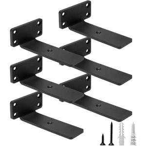 HITOMEN Heavy Duty Floating Shelf Brackets, 5-Inch (1/5'' Thick) Hidden Shelves Hardware, Iron L Brackets, Rustic Industrial Black Metal Wall Shelving Supports, 6 Pack