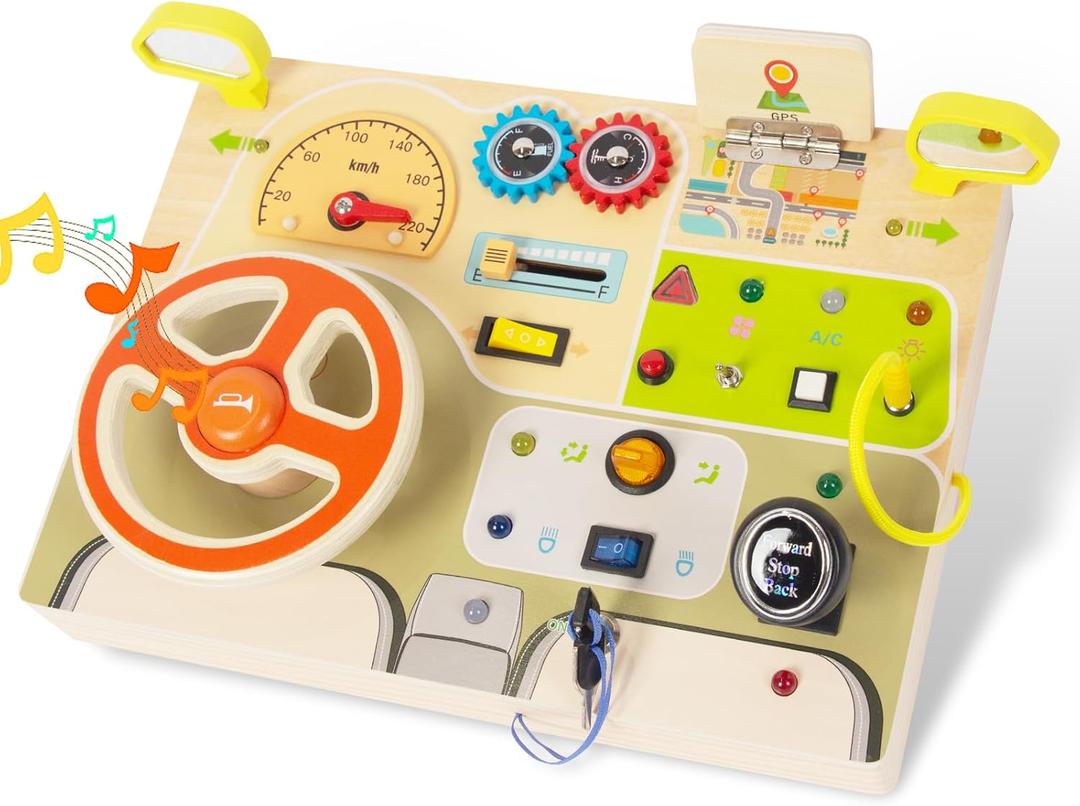 Montessori Busy Board for Toddlers Baby Busy Board Car Steering Wheel Wooden Sensory Board Travel Toys for Fine Motor Skill Gift for 3+ Years Old Boys Girls Christmas Birthday Parents