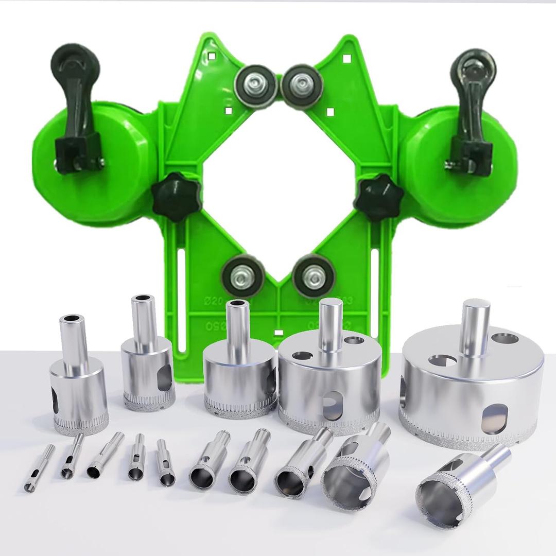 Diamond Hole Saw Set, Diamond Drill Bits, 15pcs Hole Saws(1/4"-2") with Adjustable Hole Saw Guide Jig Fixture, Tile Hole Saw Kit for Glass, Ceramic, Tile, Marble, Porcelain