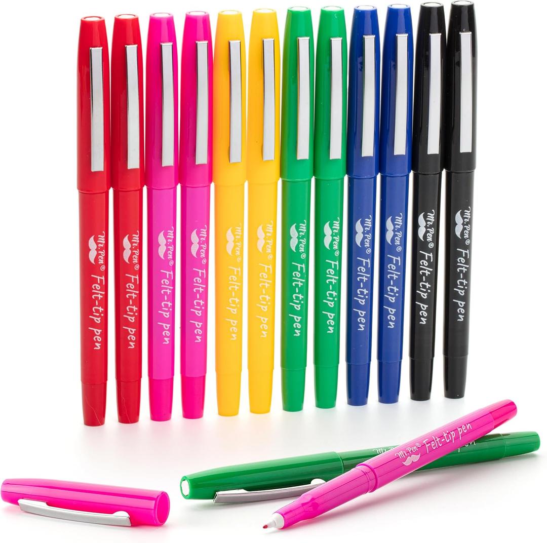 Mr. Pen Felt Tip Markers, Assorted Colors, 12 Pack, 2.5 mm, Bold Felt Tip Pens, Bold Point, Journaling, Note Taking, Drawing