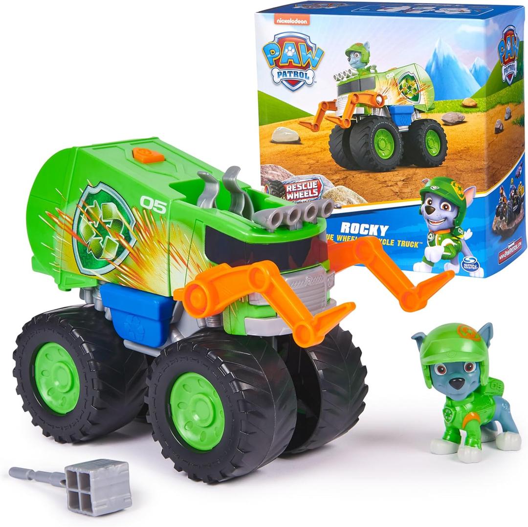 Paw Patrol: Rescue Wheels Rockys Recycle Truck, Toy Truck with Projectile Launcher and Collectible Action Figure, Kids Toys for Boys & Girls Ages 3+