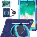 BATYUE iPad Air 3rd Generation Case 2019 / iPad Pro 10.5 inch Case 2017; Rugged Heavy Duty Protective Cover with Pencil Holder, 360 Swivel Stand, Shoulder Strap; for Kids (Navy Blue+Blue)