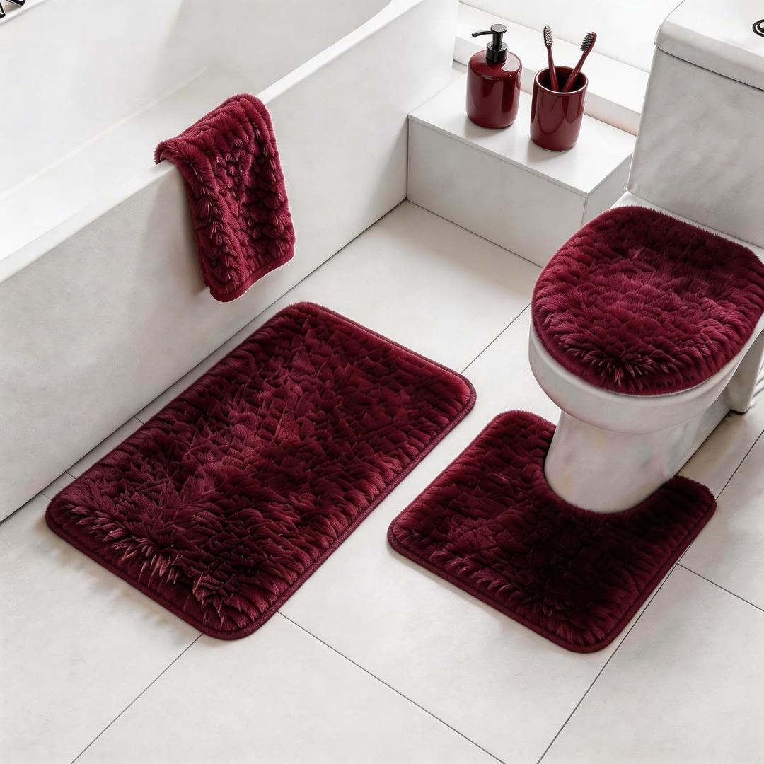 RUN HELIX Shaggy Bathroom Rugs Sets 3Piece Bath Mat for Bathrom Non-Slip Bathrom Mats Water Absorbent Bath Rug Floor Mats Soft Washable Shower Rug with U-Shaped Contour Rug Toilet Lid Cover Burgundy