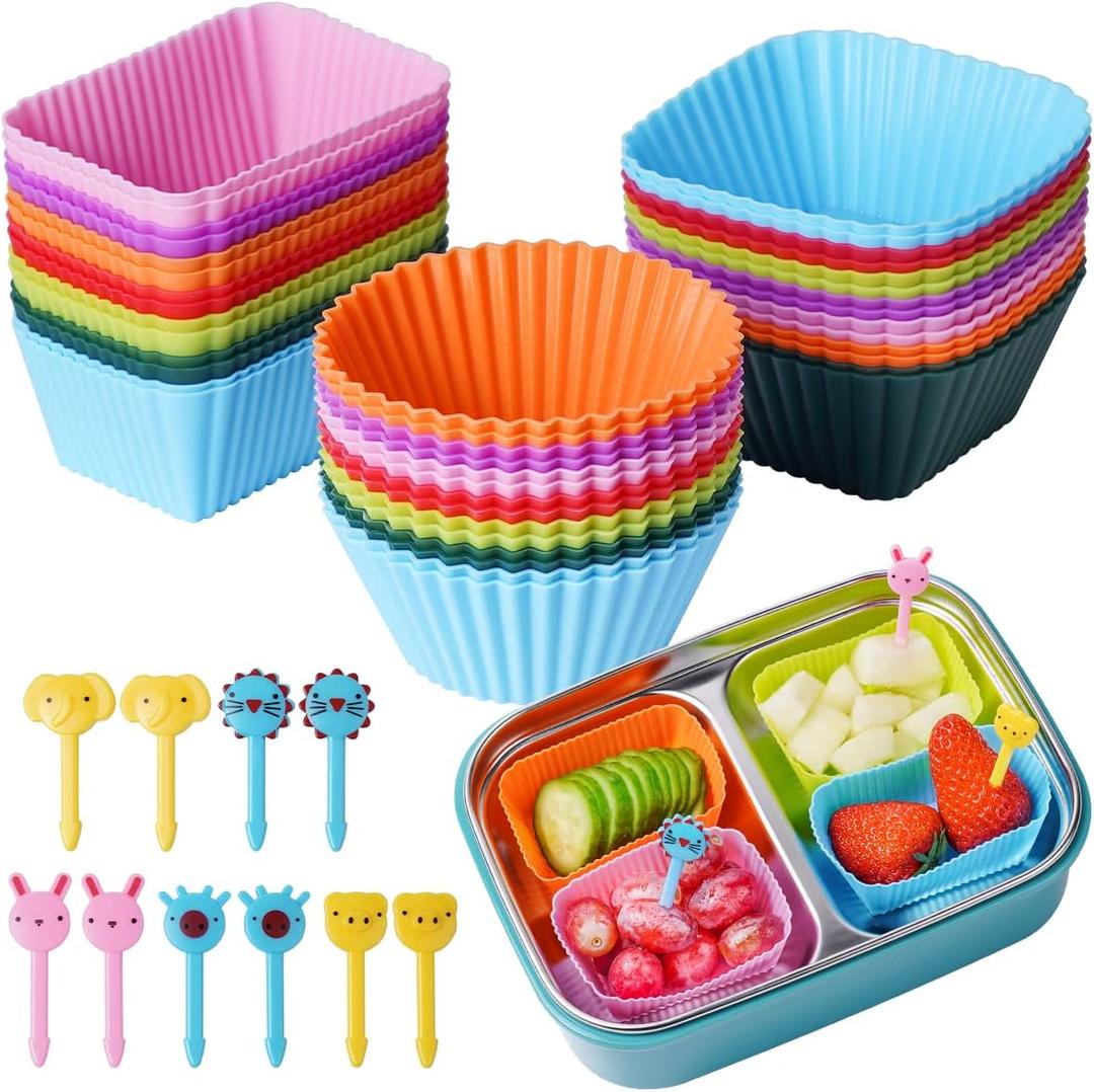 Silicone Lunch Bento Box, 52 Pack Bento Lunch Box Bundle Dividers with Food Picks Lunch Accessories, Durable, Reusable, BPA-Free, Freezer and Dishwasher Safe