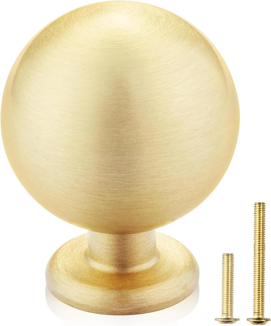 QOGRISUN 10-Pack Solid Brass Cabinet Knobs, Round Ball Gold Knobs for Dresser Drawer, 1.1-Inch Diameter, Sphere Cabinet Pulls, Brushed Brass Finish