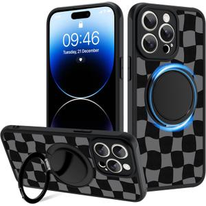 Fiyart Designed for iPhone 14 Pro Max Case Checkered Ring Holder Kickstand Magnetic Bumper Compatible with MagSafe Camera Lens Protection for Women Men Checkerboard 6.7"-Black