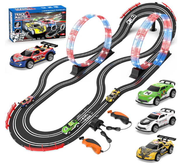 2in1 Slot Car Race Track Set with 4 HighSpeed Cars, Electric Track, Dual Racing Game with 2 Controllers, Circular Overpass Design Featuring Flash Tracks. Toy Gift for Boys Kids Ages 46 68 812