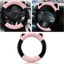 Car Steering Wheel Cover, Cute Steering Wheel Protector with Kitty Cat Ears,Fluffy Soft Plush for Winter Warm, Universal Fit 15 inches for Car,SUV, Elastic & Anti-Slip (Black/Pink)