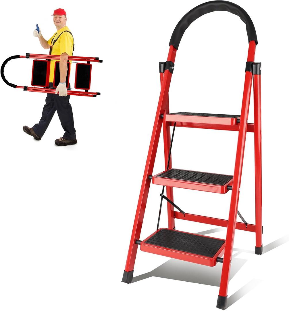 3 Step Ladder Folding, Step Stools for Adults with Wide Anti-Slip Pedals, Curved Cushioned Handrail and Safe-Lock Design, Heavy Duty Portable Multi-Purpose Ladders for Home, Kitchen, Household