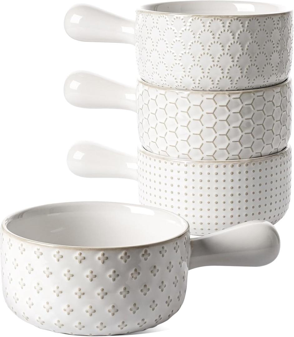 LE TAUCI French Onion Soup Bowls, 18 Ounce Soup Bowls With Handles for Chili, Beef Stew, French Onion Soup Crocks Oven Safe - 5 inch, Set of 4, Arctic White