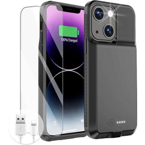 GIN FOXI Battery Case for iPhone 13/13 Pro/14/14 Pro, Charging Case Real 7000mAh Rechargeable Charger Cover Anti-Fall Protection Ultra-Slim Extended Battery Pack Juice Box,Black, 6.1"