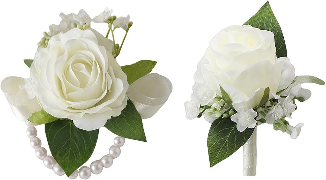 Meldel Wrist Corsage and Boutonniere Set(2pcs), Ivory White Artificial Silk Rose Pearls Bracelets Corsage for Bride, Groom Best Man Boutonniere Wedding Flower Accessories Prom Ceremony Party Decor