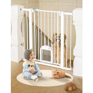 Babelio 36" Tall Upgraded Baby Gate with Cat Door, 29-43" Auto Close Durable Dog Gate for Stairs, Doorways and House, Easy Walk Thru Safety Gate with Pet Door Includes 4 Wall Cups, White