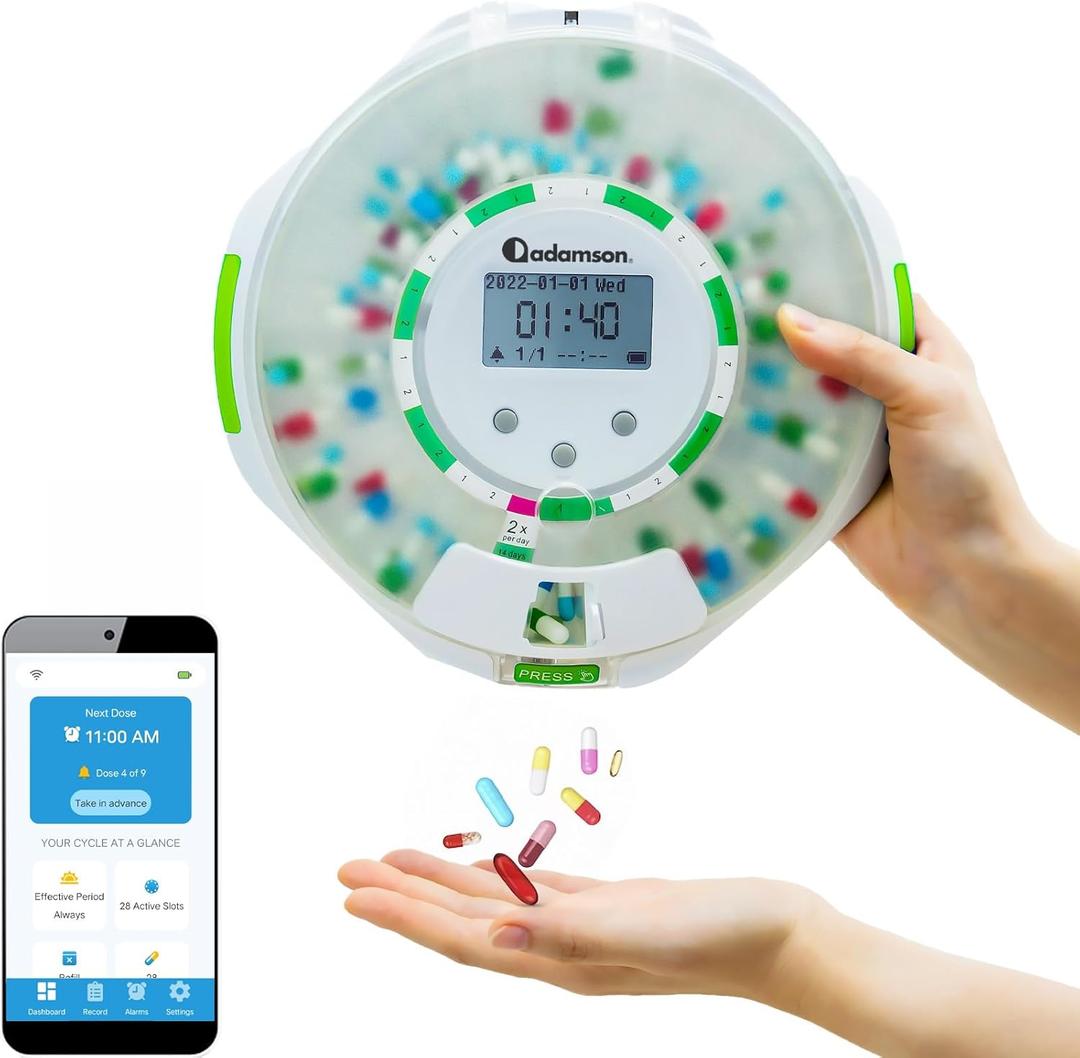 Adamson TimelyMed Smart Pill Dispenser Machine with Alarm + WiFi App Monitoring + 28 Day Medicine Dispenser + Automatic Pill Dispenser for Elderly with Alarm & Alzheimers Care + Lock Key + White Green