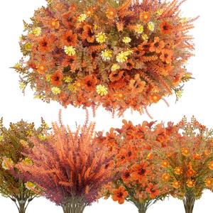 64PCS Fall Artificial Flowers Outdoor UV Resistant Faux Plastic Autumn Plants No Fade Fall Orange Mums for Home Outside Garden Window Box Wedding Party Fall Decor