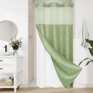 Sage Green Small Stall Boho Shower Curtain with Snap-in Liner 36 x 74, No Hooks Tufted Chevron Striped Textured Shower Curtain for Bathroom Decor with See Through Mesh Top Window