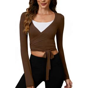 Women's Pilates Wrap Tops V-Neck Cross Tie Long Sleeve Shirt for Ballet Dance Yoga Workout, Large