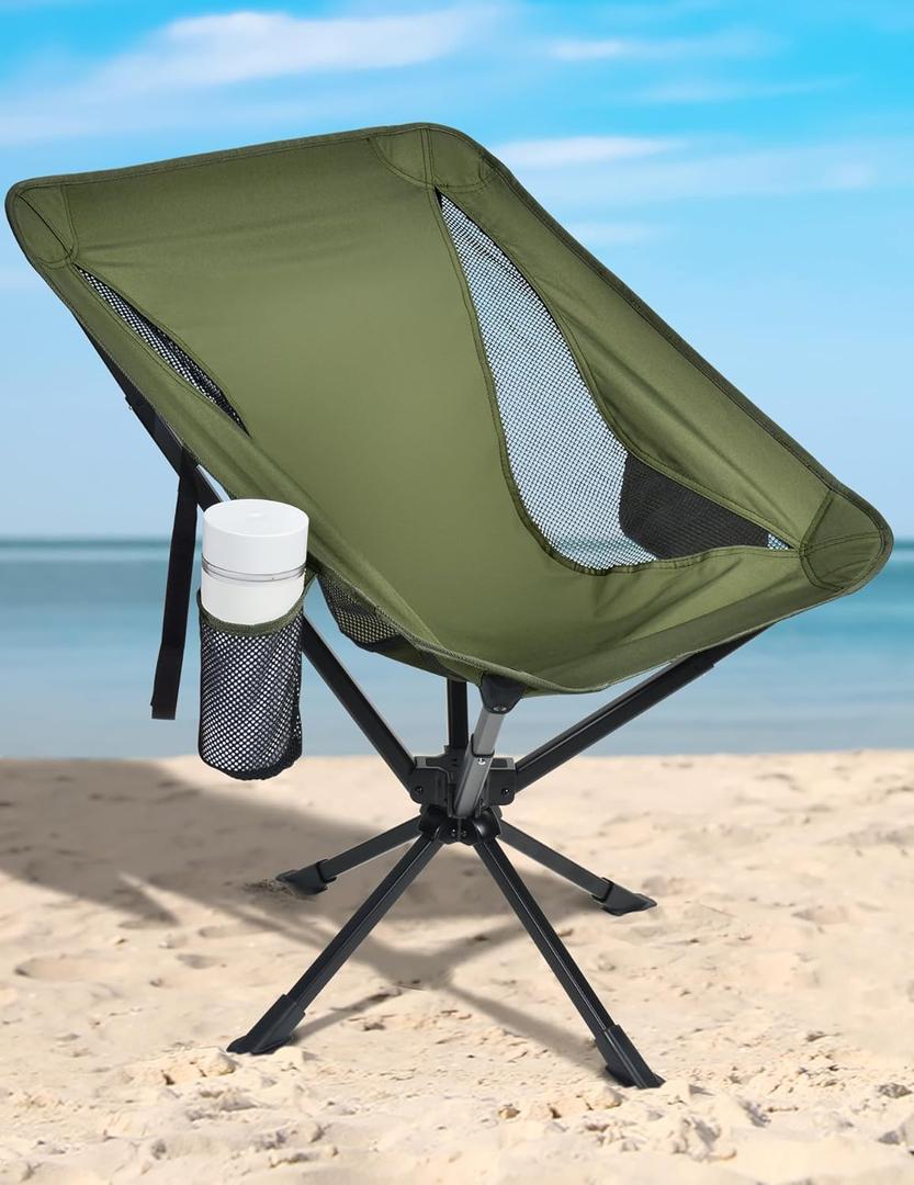 Docusvect Swivel Portable Camping Chair for Adults, Fast Setup, Lightweight & Small Folding Chair with Cup Holder, Side Pocket and Carry Bag - Support 330 LBS Moss