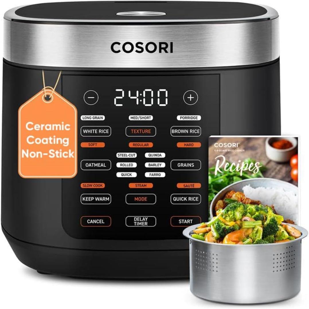 COSORI Rice Cooker 10 Cup, 24h Keep Warm, Non-stick Ceramic Inner Pot, 18 Functions Fuzzy Logic Rice Maker with Stainless Steel Steamer Basket, Saut, Slow Cooker, Black