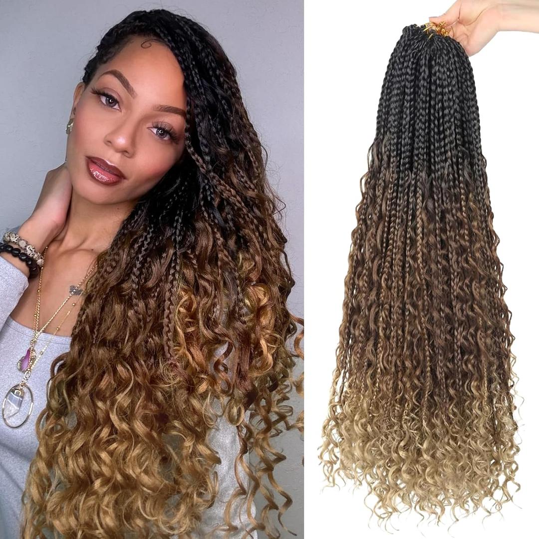Long Boho Box Braids Crochet Hair Pre Looped Goddess Bohemian Box Crochet Braids for Black Women 8 Packs Synthetic Hair with Curly Ends(24 Inch,1B-30-27)