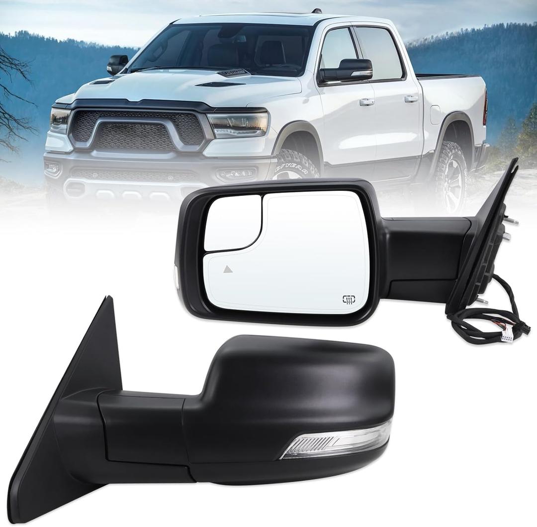 Left Driver Side Mirror Fits 2019 2020 2021 2022 2023 2024 2025 Ram 1500 With Power Folding Heated Turn Signal Puddle Light Blind Spot Temperature Sensor Matte Black Replace#68462771AB(9+6Pins)