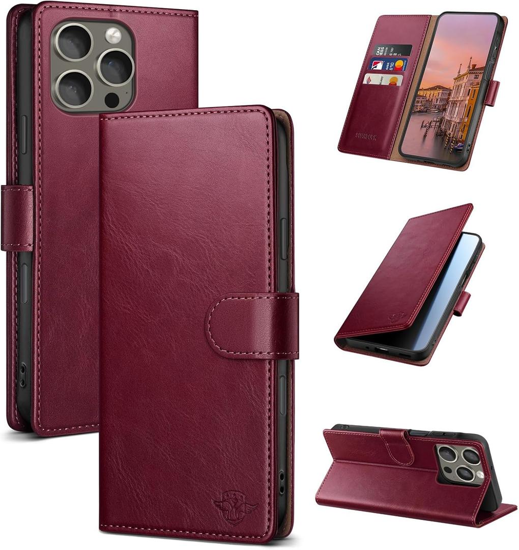Wallet Case for iPhone 16 Pro 6.3" with RFID-Blocking Credit Card Holder, PU Leather Folio Flip Cover Women Men Protective Phone Case Compatible with Apple 16 Pro, Wine Red