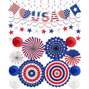 26 Pcs 4th of July Decorations Outdoor, Patriotic Decorations LOVE USA Banner Red White Blue Paper Fans Hanging Swirls Pompoms Independence Day Decor for Veterans, Memorial, Fourth of July