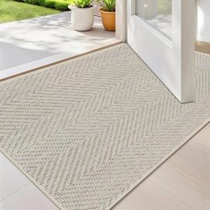 Ultra Thin Indoor Door Mat 17"x29", Washable Door Mat Indoor Entrance, Non Slip Rubber Backing Doormat Low-Profile Inside Entryway Mat, Unique Herringbone Design Entry Mat, Khaki (FOLD) (43x75cm)