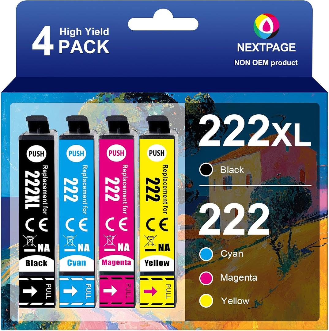 NEXTPAGE 222XL 222 Ink Cartridges Remanufactured Replacement for T222XL Ink Cartridges Combo Pack for Workforce WF-2960, Expression XP-5200 Printer(Black, Cyan, Magenta, Yellow)