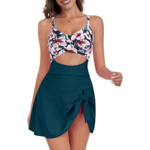 ZAFUL Women One Piece Swimdress Tummy Control Bathing Suit Push Up Swimsuit Modest Swimwear Cutout V Neck Cute Tie Knot Skirt (X-Large, Lake Green)