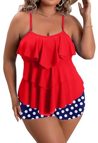 B2prity Women Plus Size Tankini Swimsuits Tummy Control Two Piece Bathing Suit Ruffled Flounce Swimwear with Shorts (Red, 3XL)
