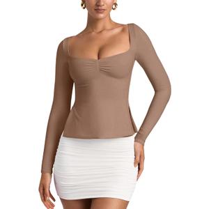 REORIA Womens 2025 Fall Trendy Tops Long Sleeve Shirts for Women Square Neck Going Out Side Slit Tshirts Cute Basic Tee (Beige, M)