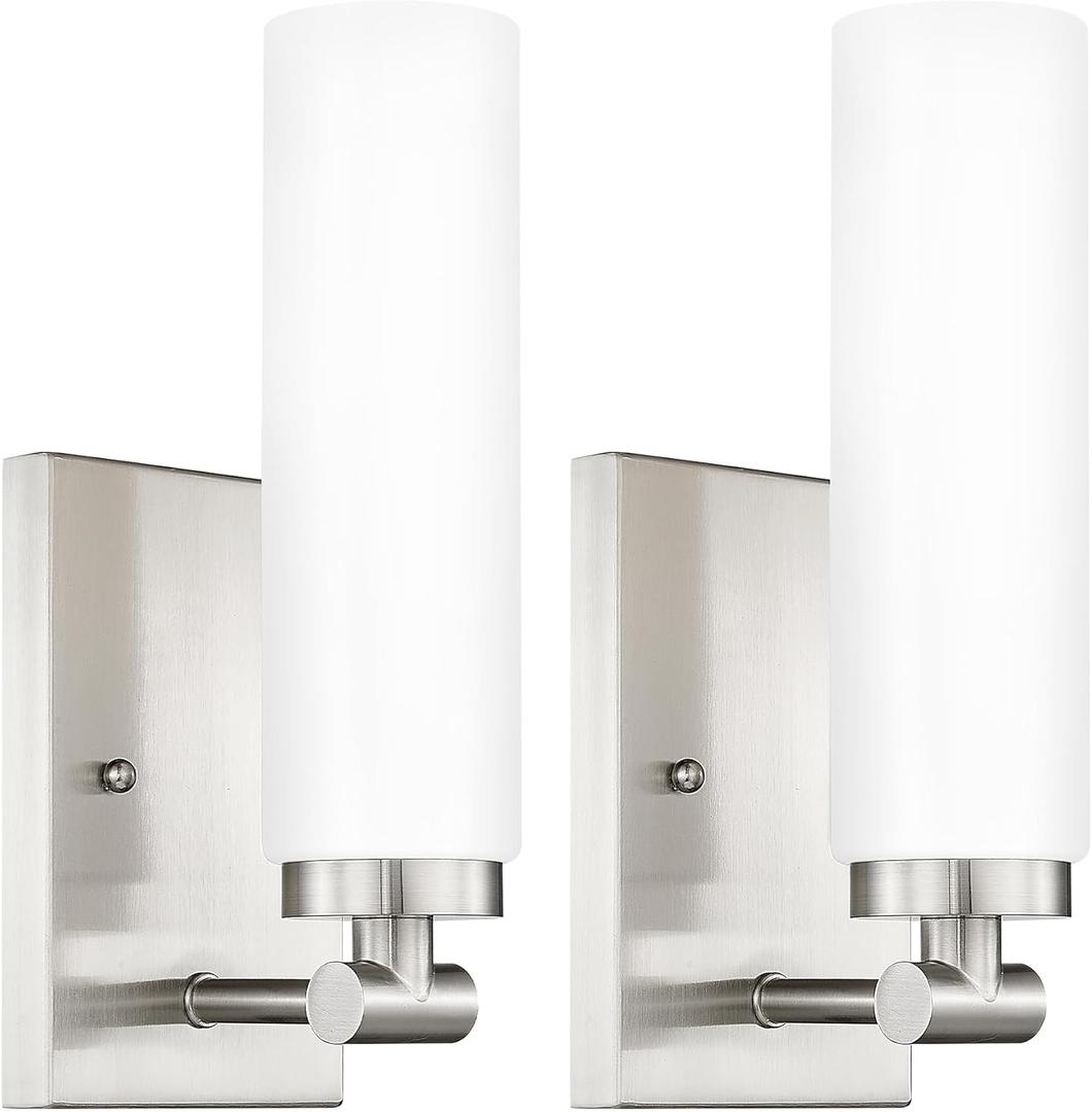 Emak Brushed Nickel Wall Sconces, 2 Light Bathroom Light Fixtures with Milk Glass Shade, Modern Wall Lights for Bathroom, Mirror, Living Room, Bedroom, Gallery, WS086-BN-ML-2PK