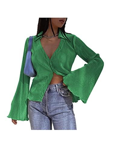 LYANER Women's Deep V Neck Button Front Bell Long Sleeve Blouse Shirt Top Grass Green Medium