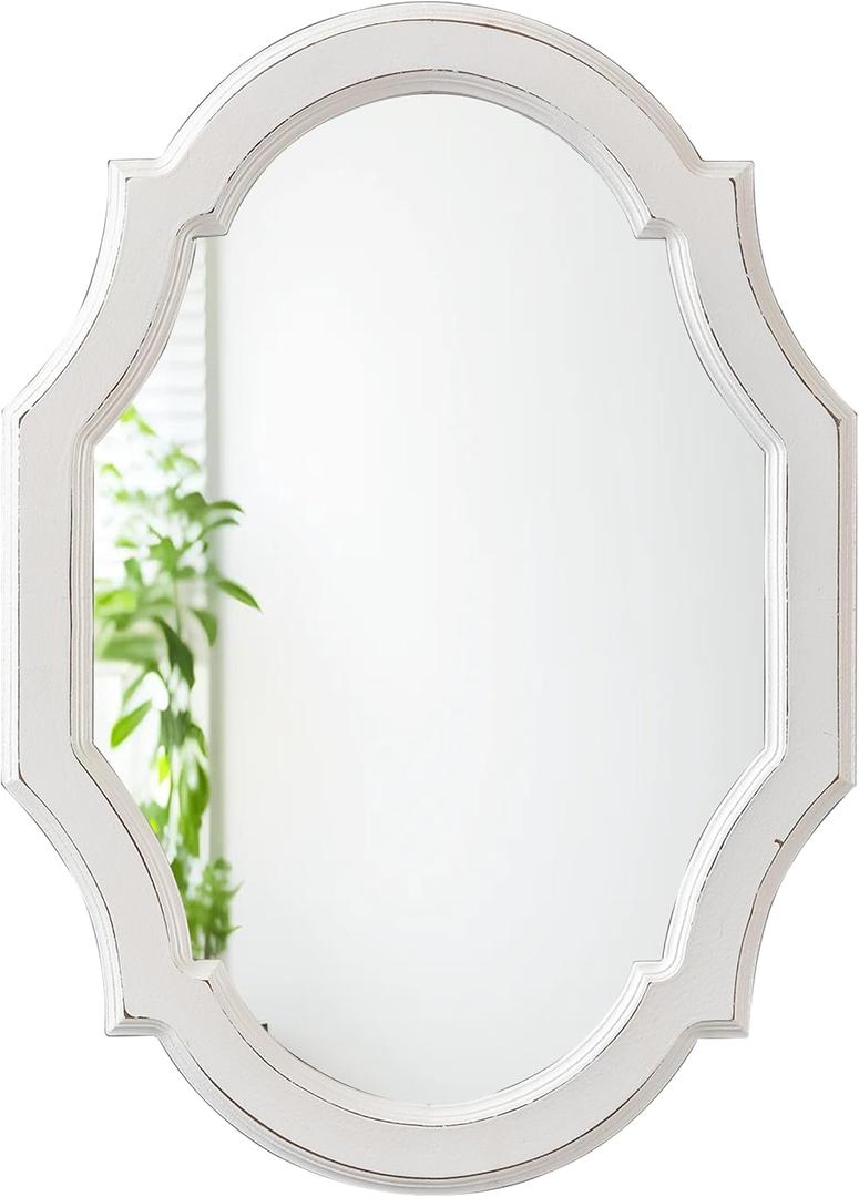 Vintage Oval Mirrors for Wall Decor Living Room 24 X 18 Inch, Hanging Decorative Scalloped White Mirrors, Distressed Wood Frame Unique Mirror for Entryway Bathroom, Horizontally or Vertically