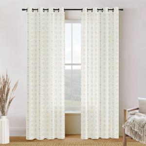 108 Inch Curtains Long,Sheer Pattern Floral Light Filtering Farmhouse Linen Drapes 108 Inches Long 2 Panels (Cream & Tan)