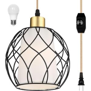 Cinkeda Plug in Pendant Light, Black Farmhouse Hanging Lights with Linen Shade, 15ft Golden Cotton Cord, Industrail Ceiling Lamp with Dimmable Switch, for Kitchen Island Living Room (Bulb Included)