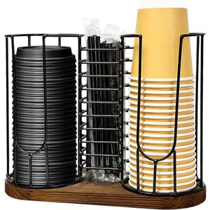 Coffee Cup Holder,18oz Cup and Lid Organizer, Cup Dispenser Rack with Wood Base, Suitable for Countertop Use, Kitchen, Coffee BarStoring Paper Cups, Straws, Lids, Tea Bags(3-Compartment)