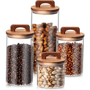 Layhit 4 Pcs Glass Food Storage Jars with Airtight Wood Lid Storage Jars Containers with Stickers Marker for Candy, Cookie, Rice, Sugar, Flour, Pasta, Nuts, 4 Size (Cylindrical)