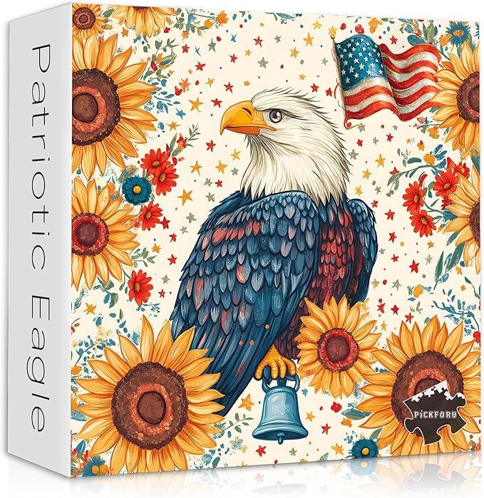 American Flag Eagle Puzzles for Adults 1000 Pieces, Bird Sunflower Jigsaw Puzzles, United States Country Patriotic Puzzles Faith, Majestic Bald Eagle with Liberty Bell Floral